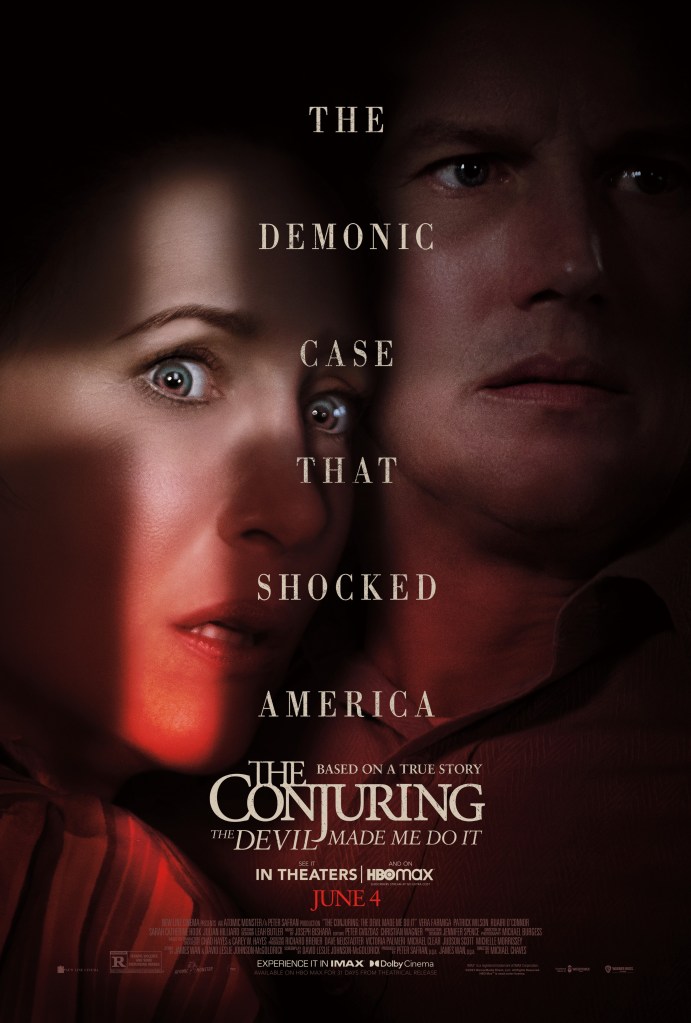 The film poster showing a close-up of Lorraine (Vera Farmiga) and Ed Warren (Patrick Wilson). Theres a shaft of light shaped like a cross on Lorraine's face.