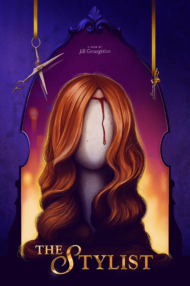 The film poster showing the drawing of a wig on a mannequin head, blood running from the hairline.