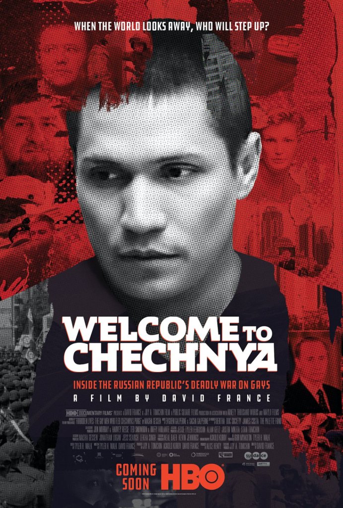 The film poster showing Maxim Lapunov with his fake face in black and white, behind him a red background with faces from several other people in the documentary.