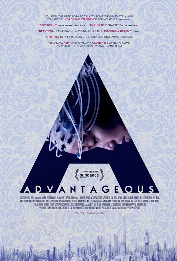 The film poster showing a large letter A in front of a light blue wallpaper-like background. Inside the letter A, we can see Gwen (Jacqueline Kim) wearing a strange cap with wires coming from it.