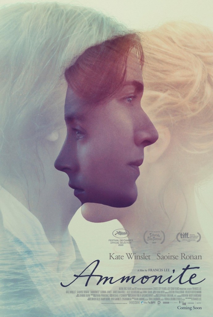 The film poster showing Mary Anning (Kate Winslet) looking to the right and Charlotte Murchison (Saoirse Ronan) to the left. Their inages are pale apart from where their two faces intersect.