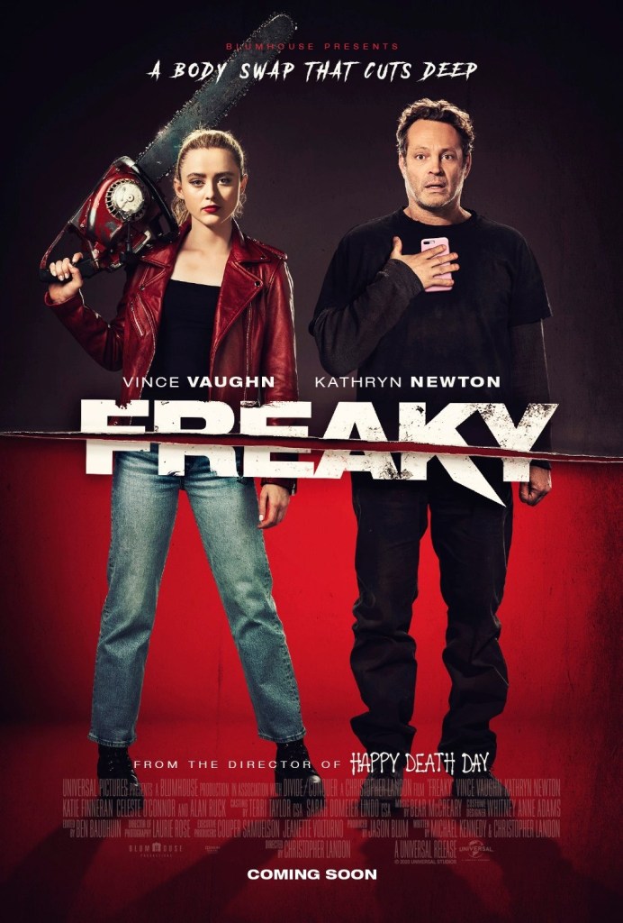 The film poster showing The Butchter in Millie's body (Kathryn Newton), holding a chainsaw over his shoulder, and Millie in The Butcher's body (Vince Vaughn), pressing a cell phone to her chest.