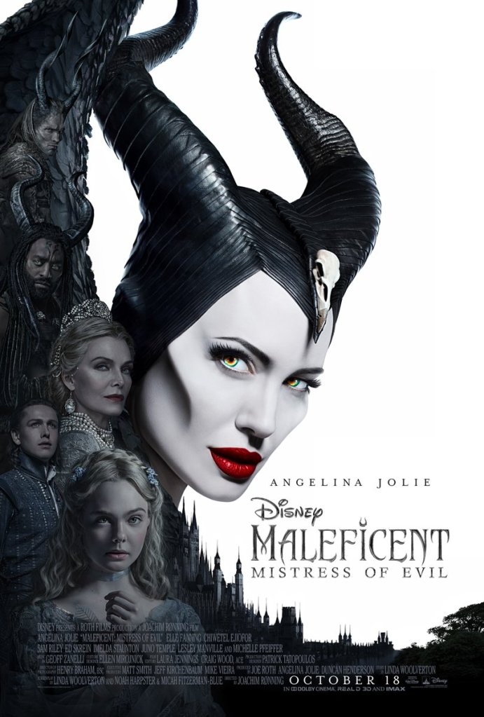The film poster showing Maleficent (Angelina Jolie) and in her wing several other characters and a castle.
