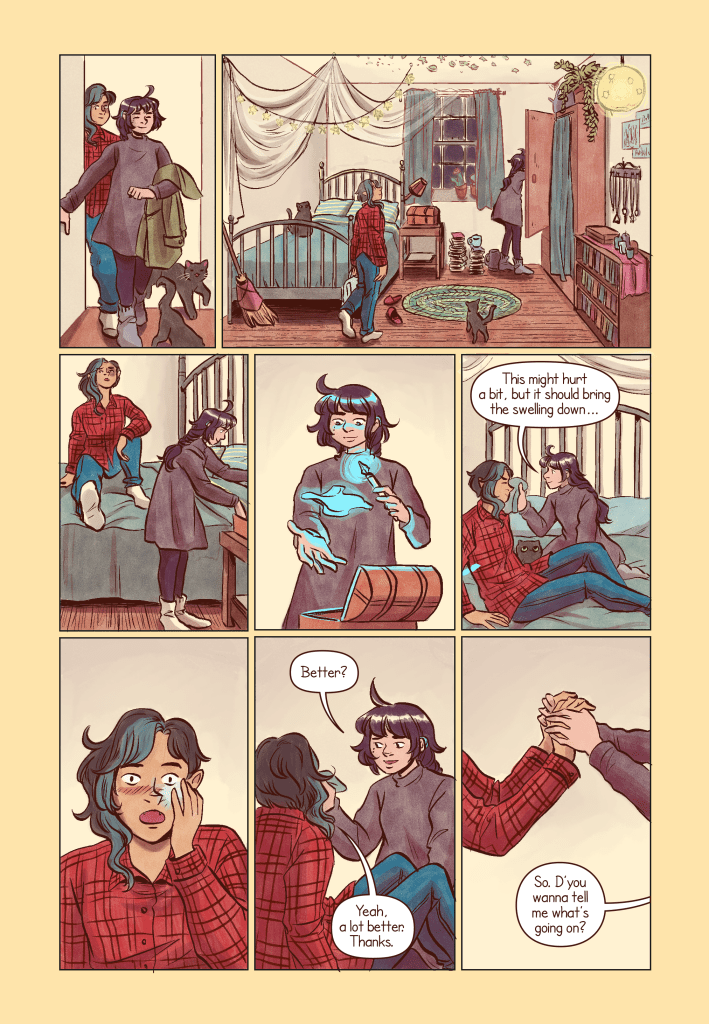A page from the comic, showing Tam and Nova going into her room. Nova puts her cloak in the closet, then grabs some magic utensils to heal Tam's black eye. The last panel shows them holding hands, with Nova asking whether Tam wants to tell her what's going on.