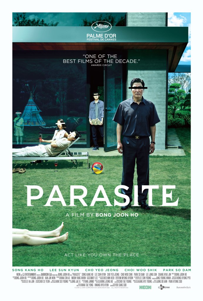 The film poster showing the Kim family lounging in the Park family home. Their eyes are covered as if to anonymize them. A pair of naked legs can be seen at the front of the image. 
