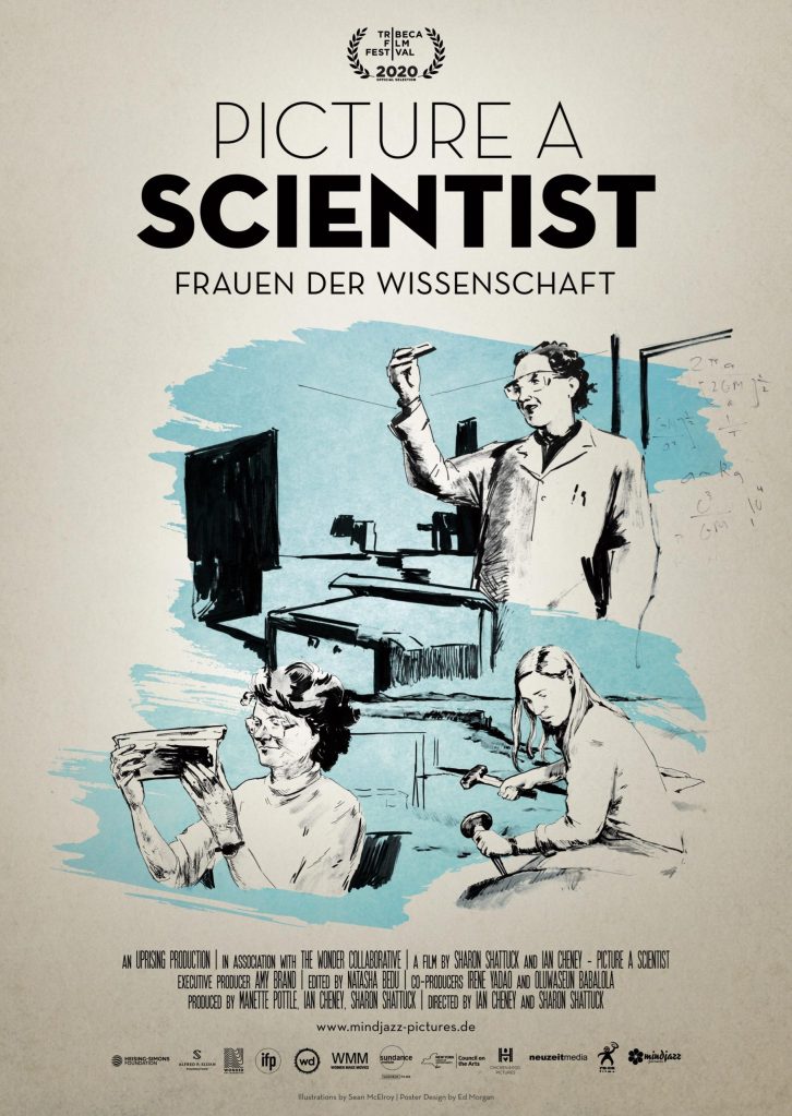 The film poster showing several scientsts at work in a black drawing on beige and light blue background.
