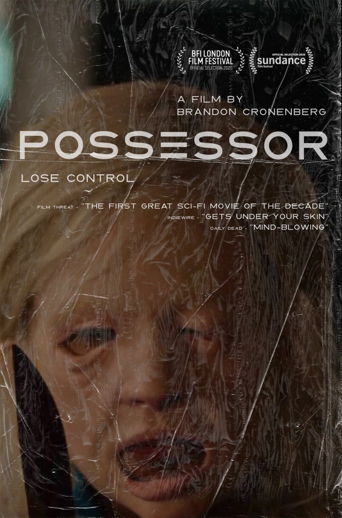 The film poster showing somebody wearing a mask that looks like a melted face and holding a knife.