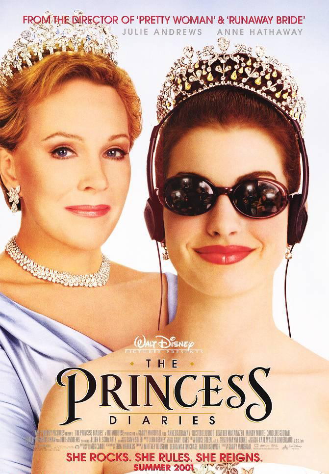 The film poster showing Queen Clarisse (Julie Andrews), all class, and Mia (Anne Hathaway) wearing sunglasses and headphones.