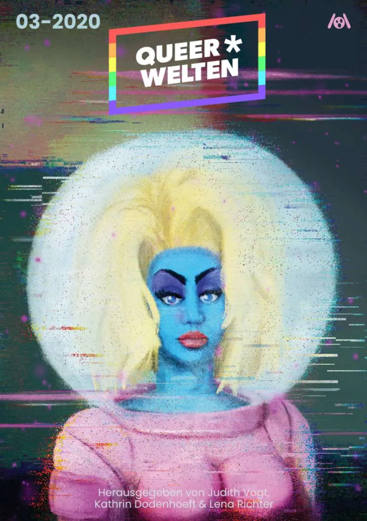 The magazine cover showing a drag queen astronaut with blue skin.