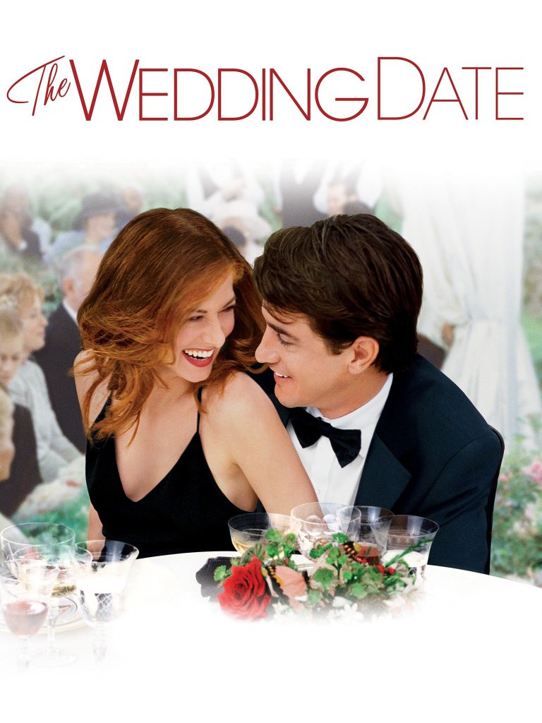The film poster showing Kat (Debra Messing) sitting in Nick's (Dermot Mulroney) lap at a wedding, both laughing.