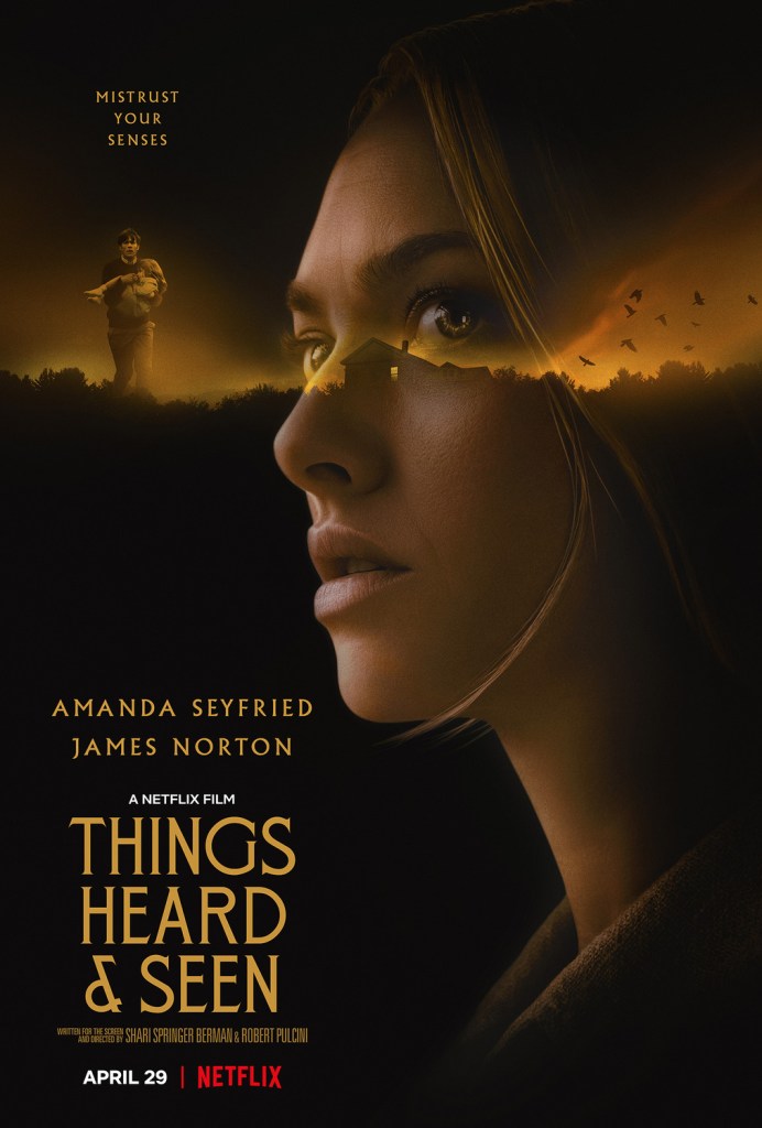 The film poster showing Catherine (Amanda Seyfried) superimposed over a house in the distance. Much smaller next to her face is George (James Norton) carrying their daughter Franny (Ana Sophia Heger). 