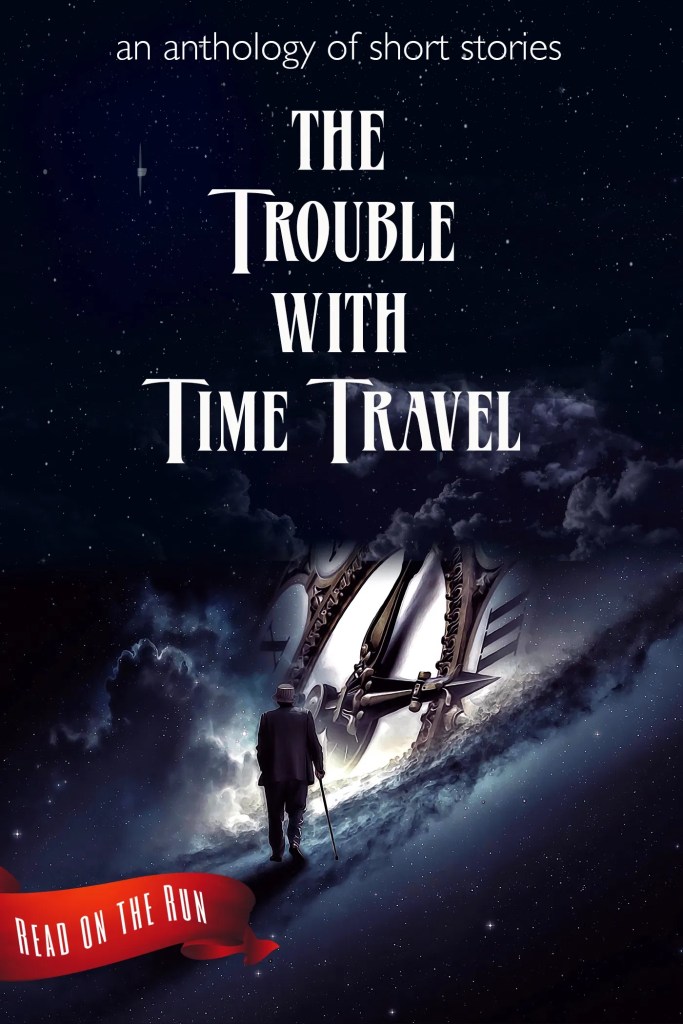 The book cover showing a man with a walking stick walking across a cloud towards a huge clock. Clouds, man and clock are all floating in the universe.