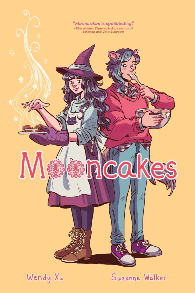 The book cover, showing Nova and Tam standing back to back. Nova is holding a steaming plate of cookies, her hand hovering over it as if performing magic. Tam is tasting dough from a bowl they're holding.