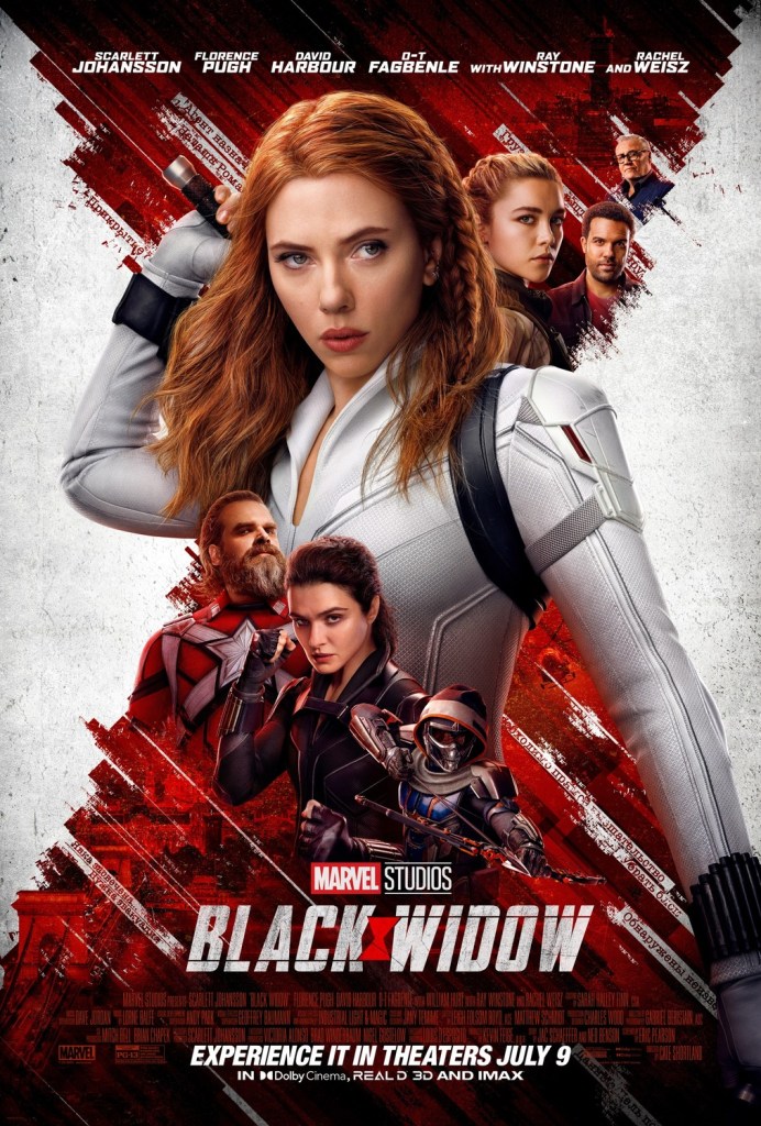 The film poster showing Natasha (Scarlett Johansson) very big, grabbing a sword on her back, with the other characters much smaller arranged around her. The background is the Black Widow sign in red on white.