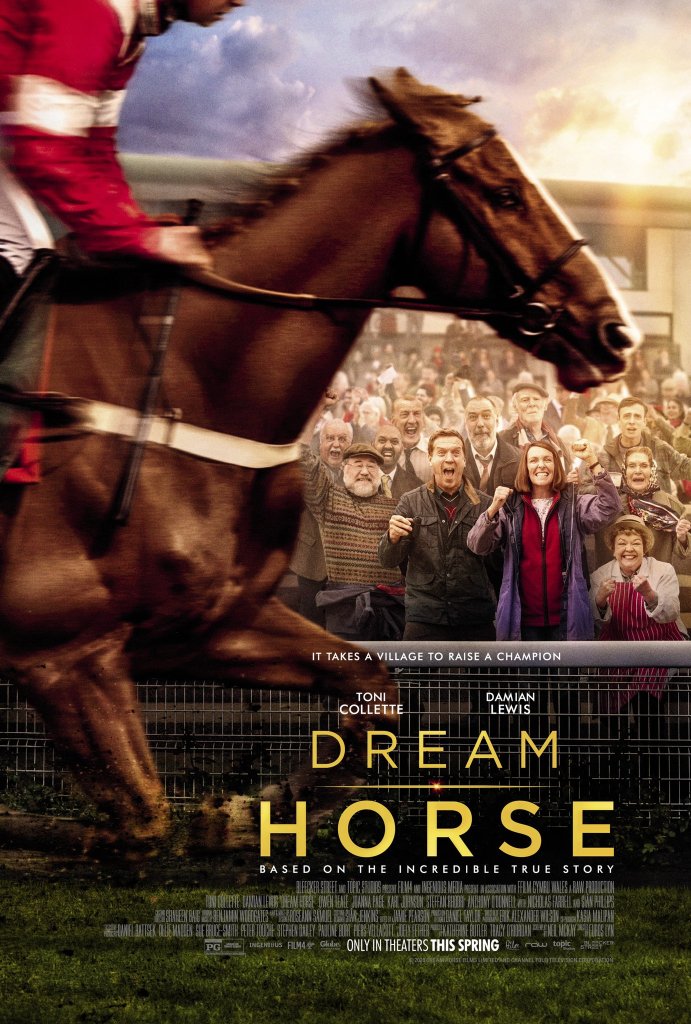 The film poster showing a race horse, with Jan (Toni Collette), Brian (Owen Teale) and Howard (Damian Lewis) and the rest of the people from the village cheering in the background.
