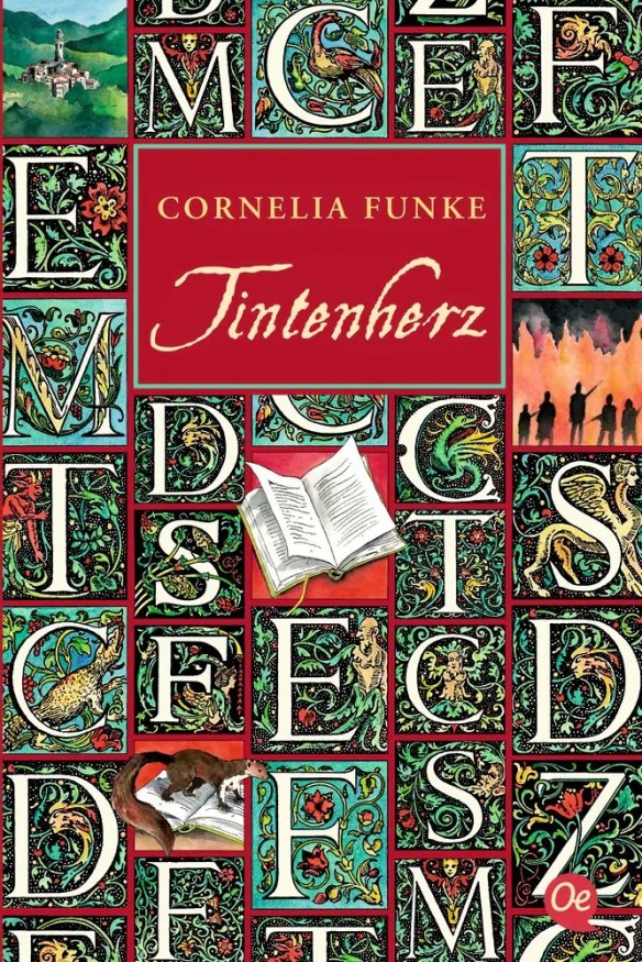 The book cover showing a mosaic of illustrated letters like at chapter beginnings. There's also a castle, shadowy figures in front of a fire, an open book and a weasel standing on a book.