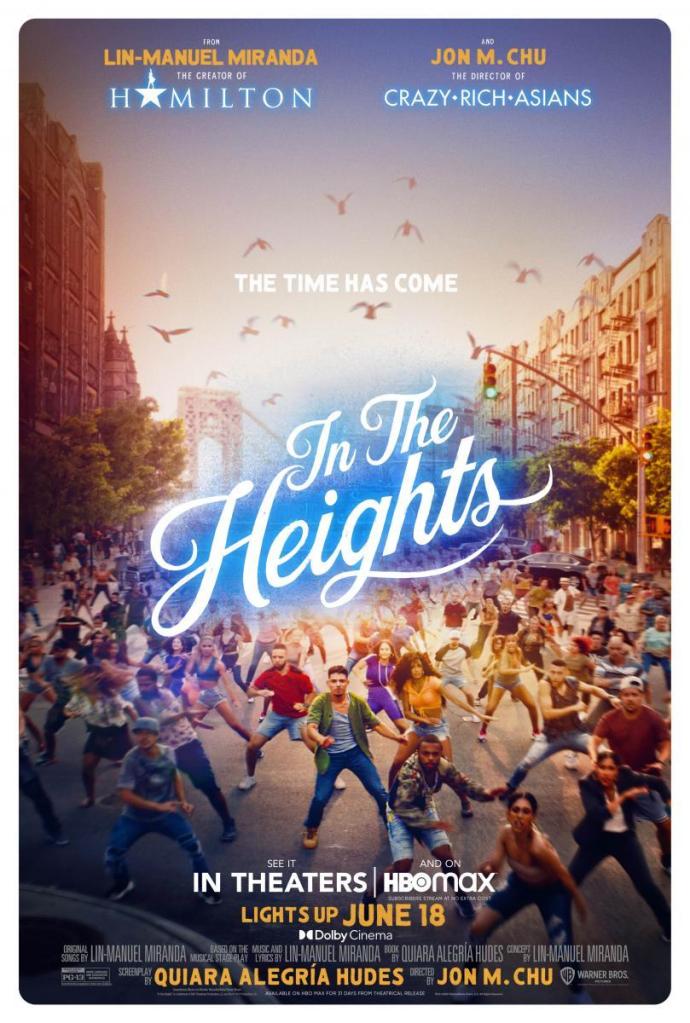 The film poster showing a big crowd of people dancing in the streets of New York, Washington Heights to be specific.