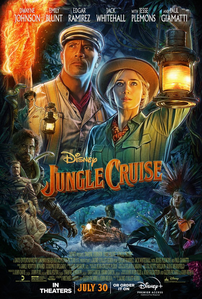 The film poster showing drawings of Frank (Dwayne Johnson) and Lily (Emily Blunt) in front of a jungle background. Below them, we can see Frank's boat going over some rapids, as well as other characters in the film, much smaller.