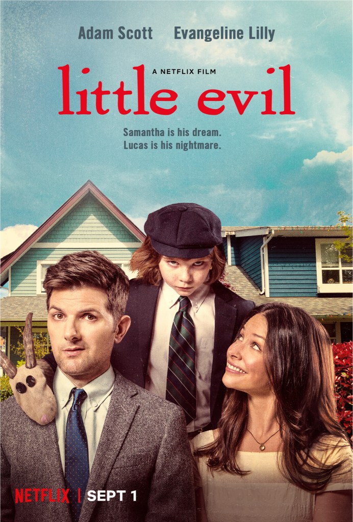 The film poster showing Gary (Adam Scott) and Samantha (Evangeline Lilly) with Lucas (Owen Atlas) standing behind them. Lucas looks creepy, Samantha smiles up at him and Gary looks uncomfortable.