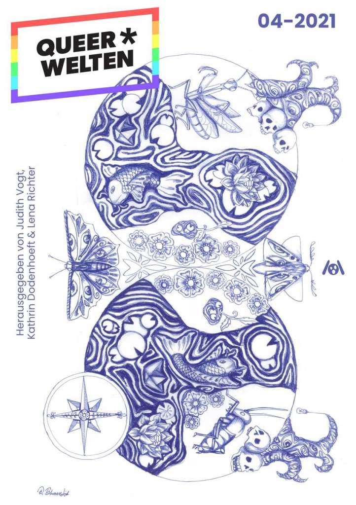 The magazine cover showing an illustration drawn with biro of two circles that seem mirror images at first, but differ when you look closely at them. They show rivers, plants, insects and fish. 