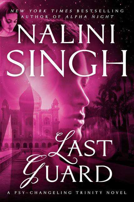 The book cover showing an Indian palace with palm trees, overlayed with a woman standing, overlayed yet again with a man's face, all in pink and black. 