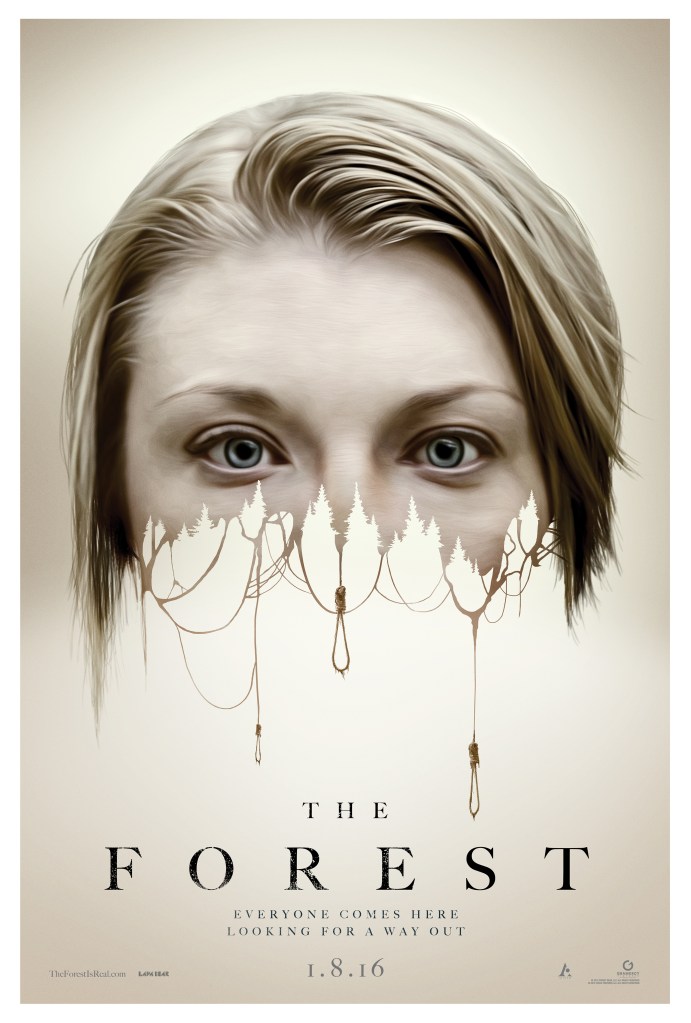 The film poster showing Sara's (Natalie Dormer) face, the lower half dissolving into a series of nooses below a line of trees.