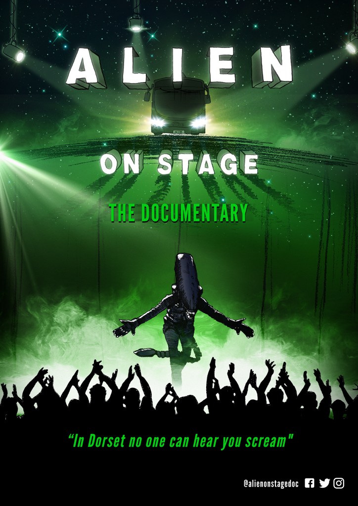 The film poster showing a bus with spotlights on it. Below it we see a xenomorph taking a bow in front of a crowd.
