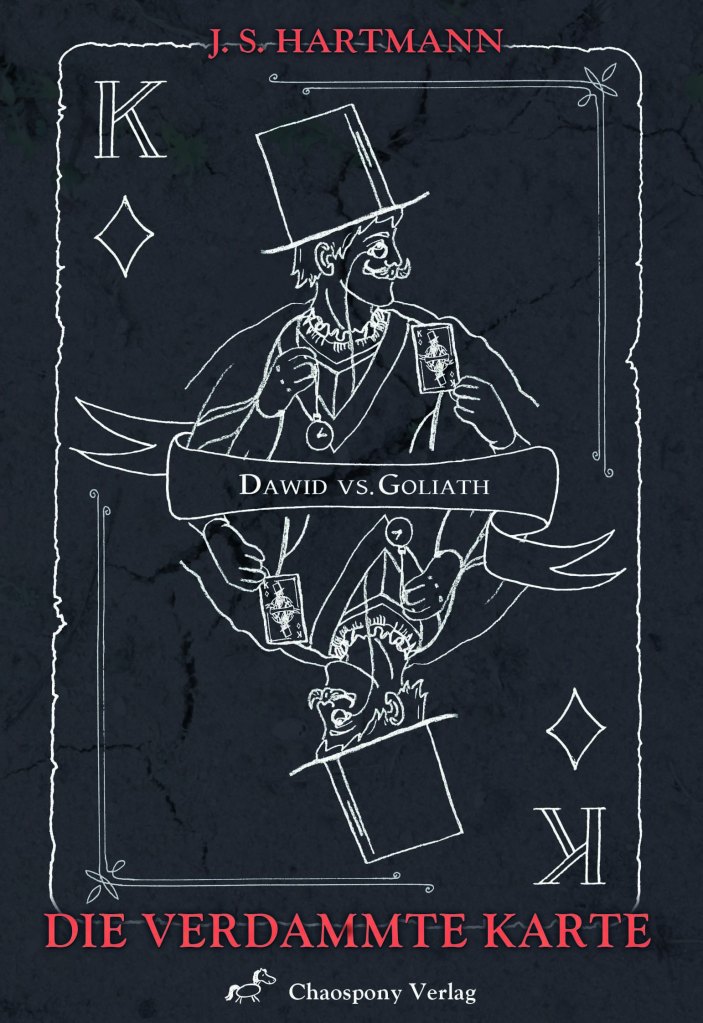 The book cover is drawn like a playing card with white lines on black background. We can see the King of Diamonds, holding a card that shows himself in one hand and a pocket watch in the other. He is wearing a top hat and a monocle and mirrored at the waist. 