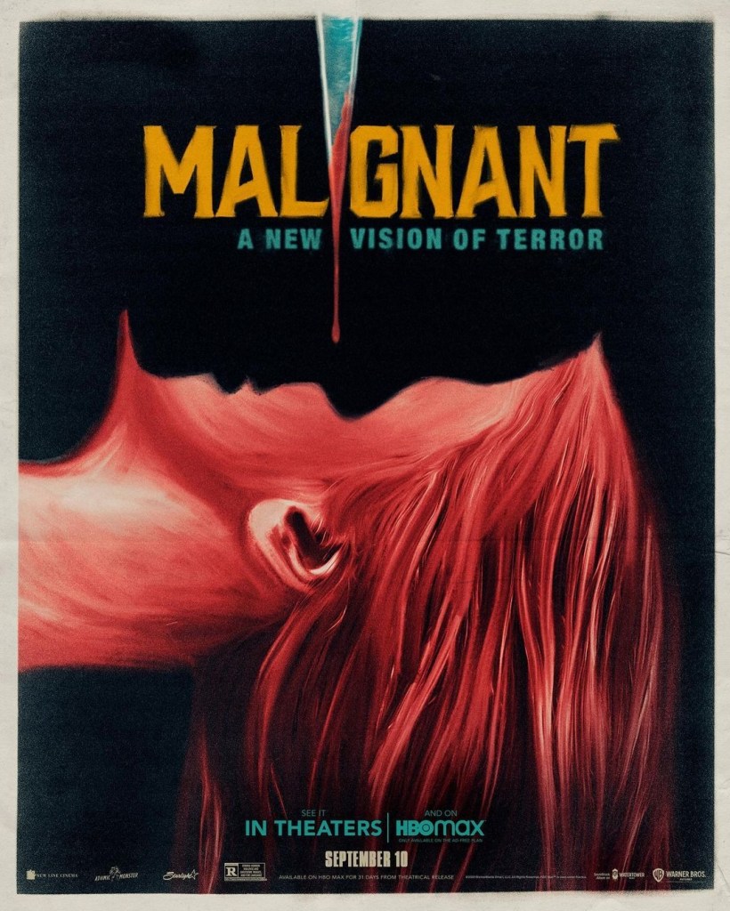 THe film poster showing the drawing of a woman in profile lying on her back. A shadow is over her face that looks like a face and a bloody knife is above them.