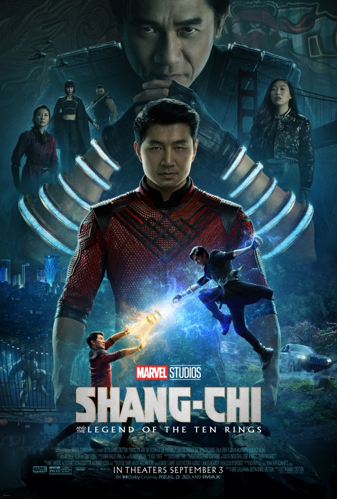 The film poster showing Shaun (Simu Liu), his father Wenwu (Tony Chiu-Wai Leung) looming large behind him, wearing the ten rings. The two can be seen fighting as smaller figures in the front. Other important characters are arranged around them.