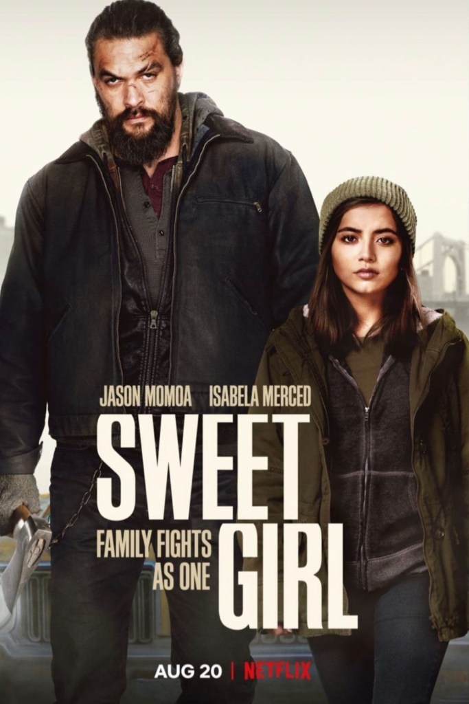 The film poster showing Ray (Jason Momoa) and Rachel (Isabela Merced) walking fiercely. He is holding an axe and his face is bruised.