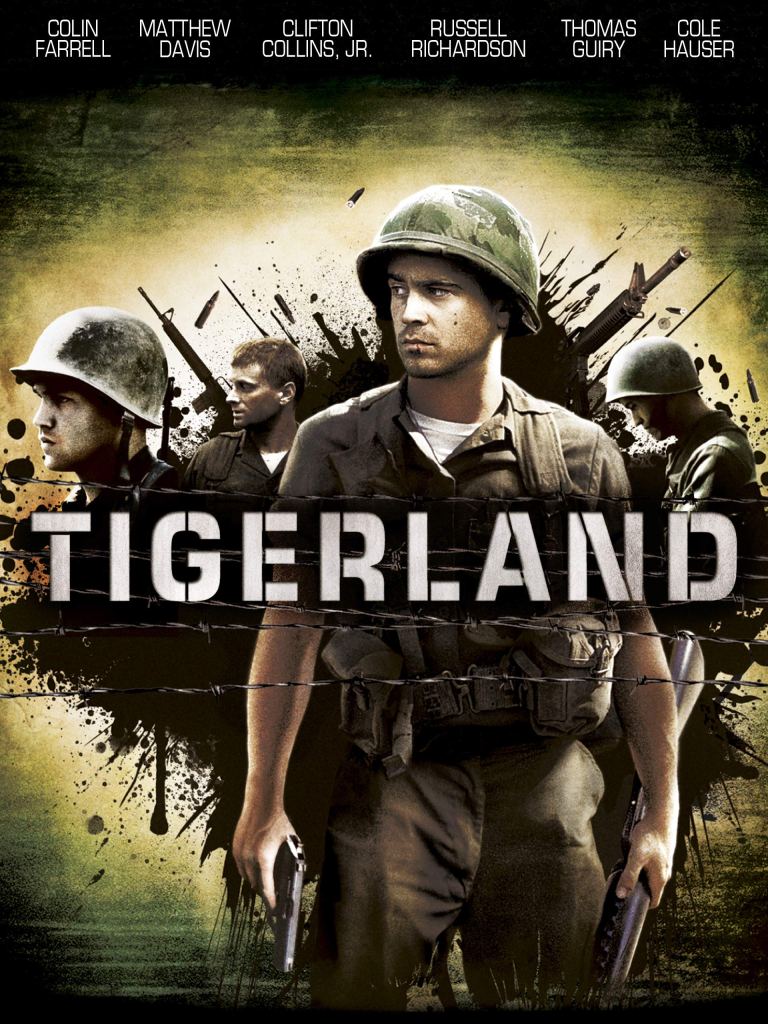 The film poster showing Bozz (Colin Farrell) in military garb, behind him other soldiers in a splash of ink.