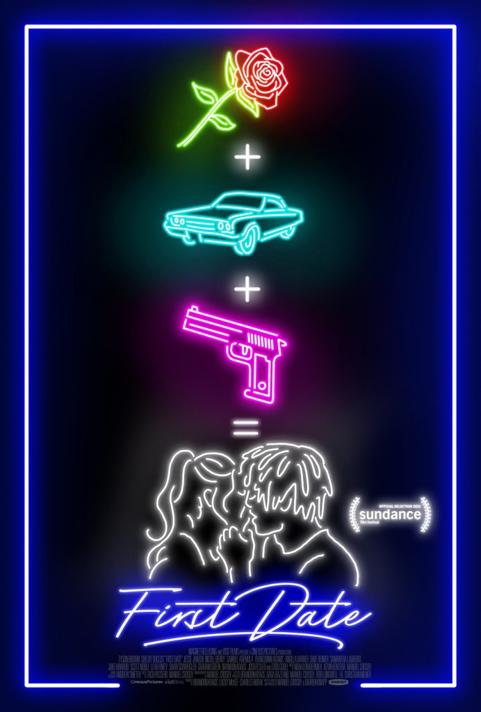 The film poster showing a rose, a car and a gun with plus signs between them, adding up to a kissing couple. Everything looks like its a neon light in different colors.