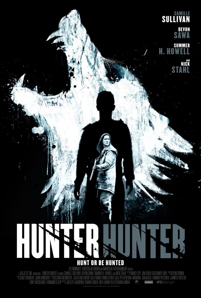 The film poster showing a howling wolf, painted with white color on a black background. in front of it the silhouette of a man, and in front of that Anne (Camille Sullivan), rifle in hand.