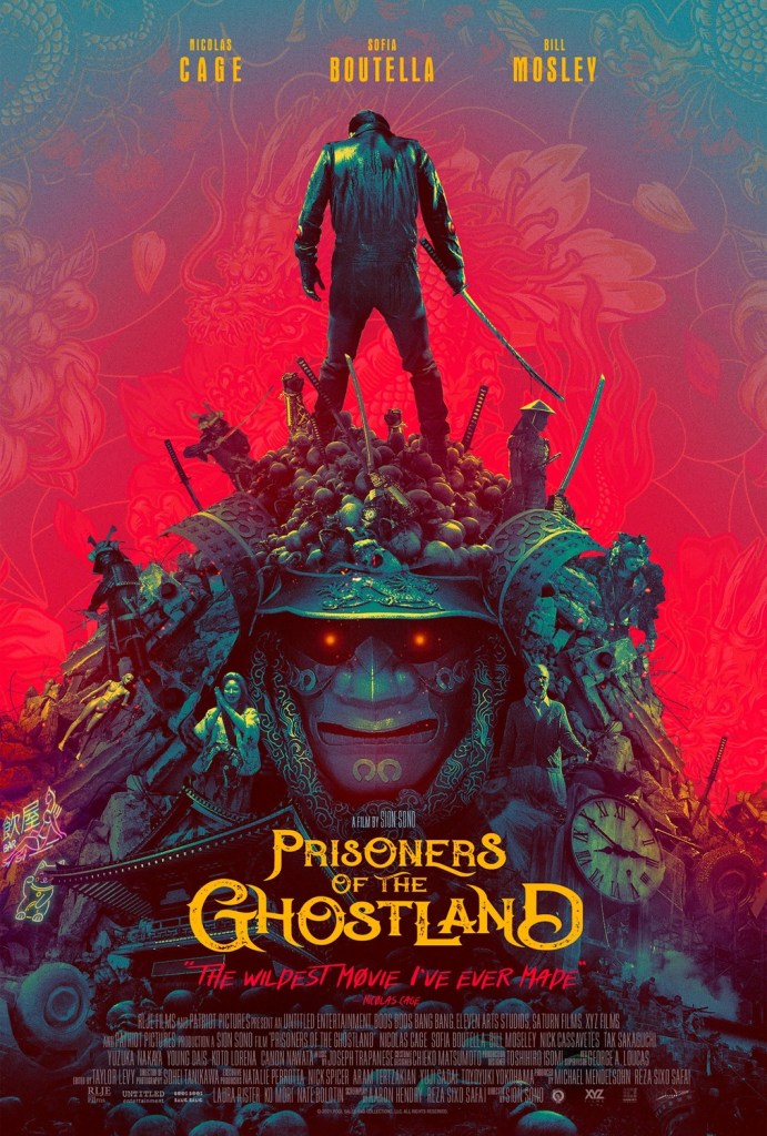 The film poster showing the Hero (Nicolas Cage) standing atop a giant warrior helmet with skulls, other people and a huge clock that seem almost part of the helmet.