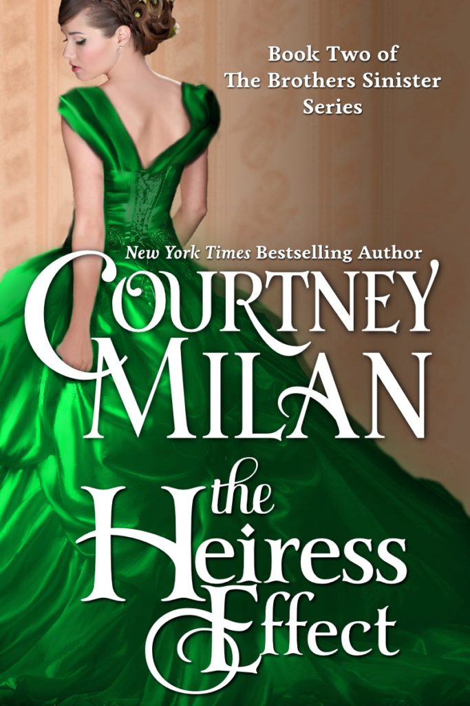 The book cover showing a woman, her back towards the viewer, in a long, shiny green dress.