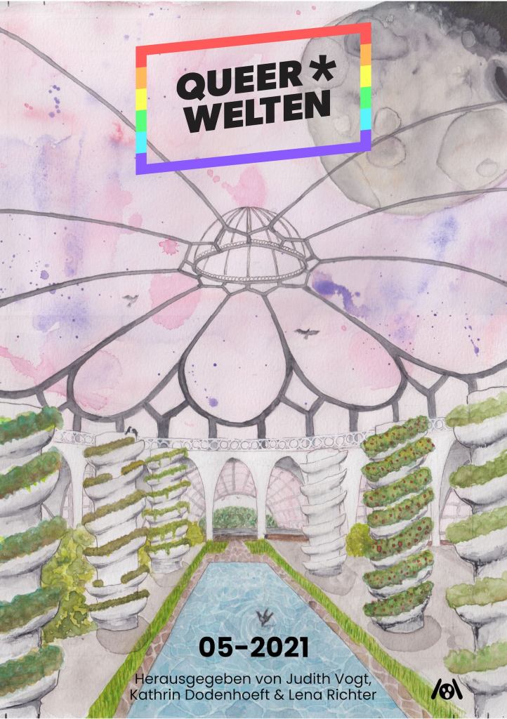The magazine cover showing a painting of a futuristic greenhouse with a cupola, a pool and pillars with plants winding around them.