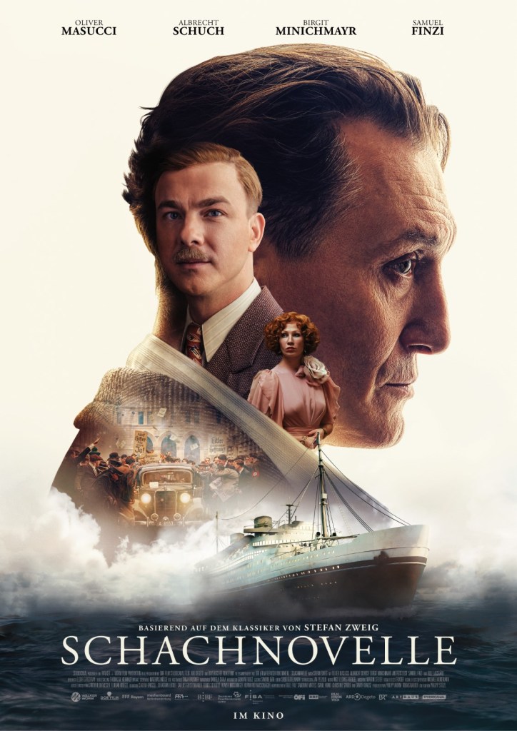 The film poster showing Josef Bartok (Oliver Masucci) in profile above a cruise ship. Inside his head we can also see Franz-Josef Böhm (Albrecht Schuch), Anna (Birgit Minichmayr) and a crowd surrounding a car. 