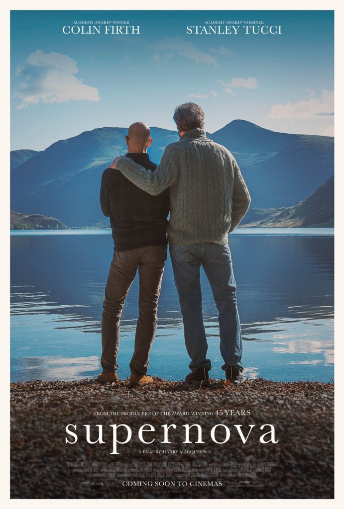 The film poster showing Sam (Colin Firth) with his arm around Tusker (Stanley Tucci) as they stand on the shore of a lake.