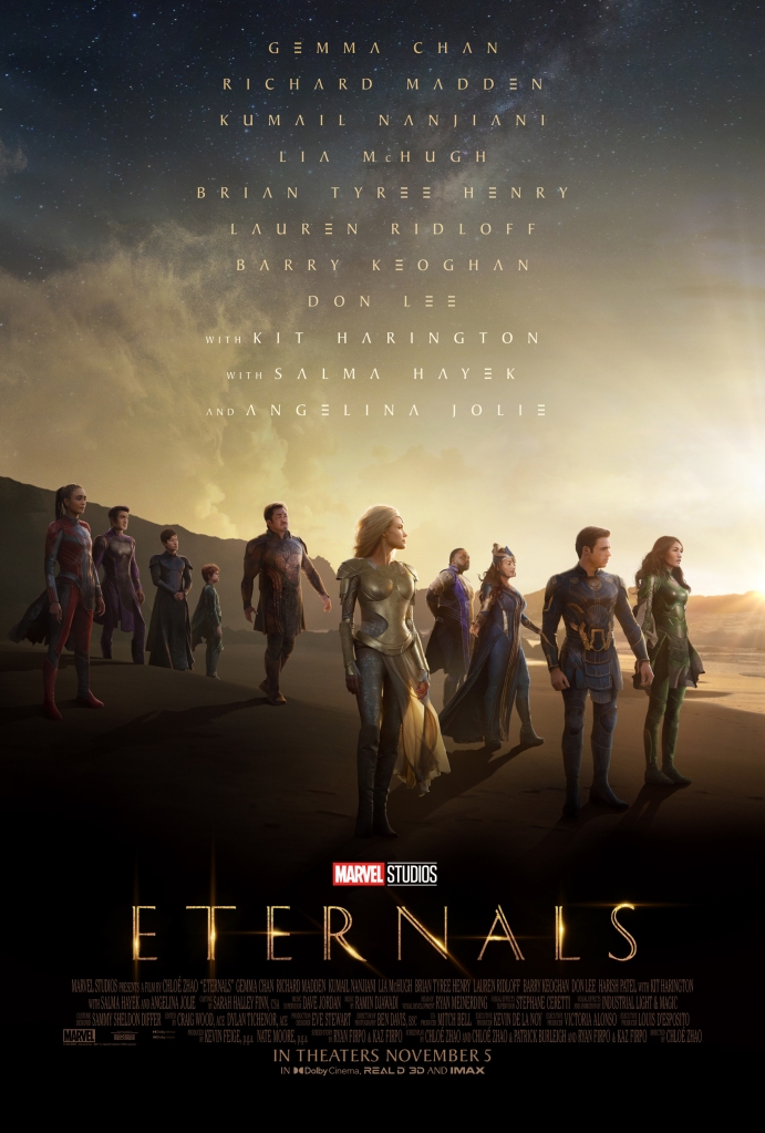 THe film poster, showing the ten Eternals standing on a river shore in their armor. 