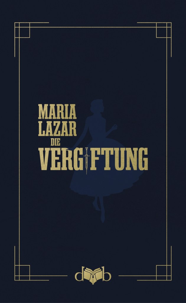 The dark blue book cover with the silhouette of a woman with a billowing skirt in a slightly lighter blue. The "I" in the book title is a syringe.