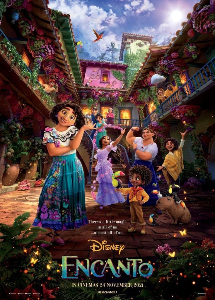 The film poster showing a house wrapped in flowers and the Mardigal family in its courtyard, with Mirabel at the front.