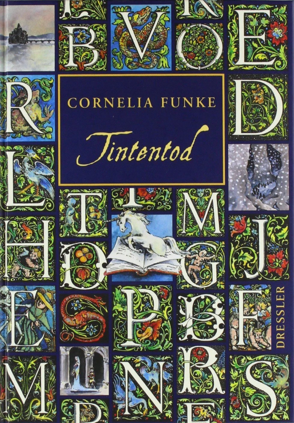 The book cover showing a mosaic of illustrated letters like at chapter beginnings. There's ea caste in the midle of a lake, a snowy forest, a unicorn jumping out of the pages of a book and a woman walking along a pillar hallway.