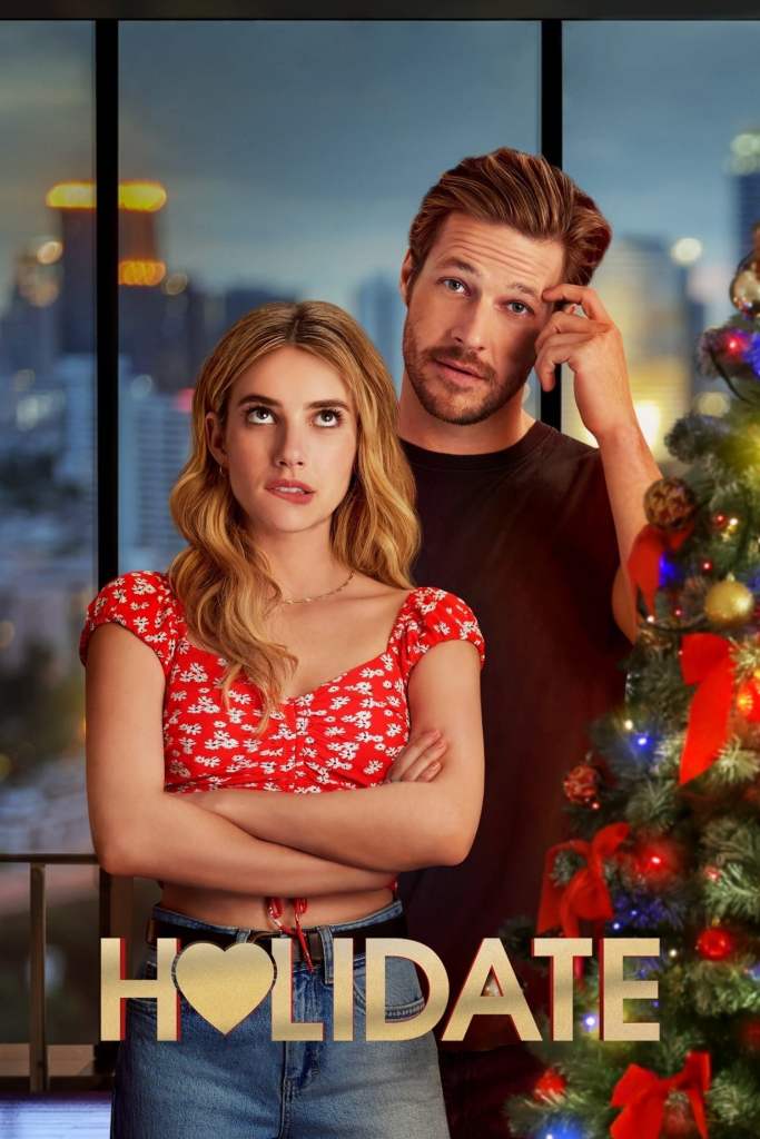 The film poster showing Sloane (Emma Roberts) and Jackson (Luke Bracey) with uncertain faical expressions standing next to a Christmas tree.