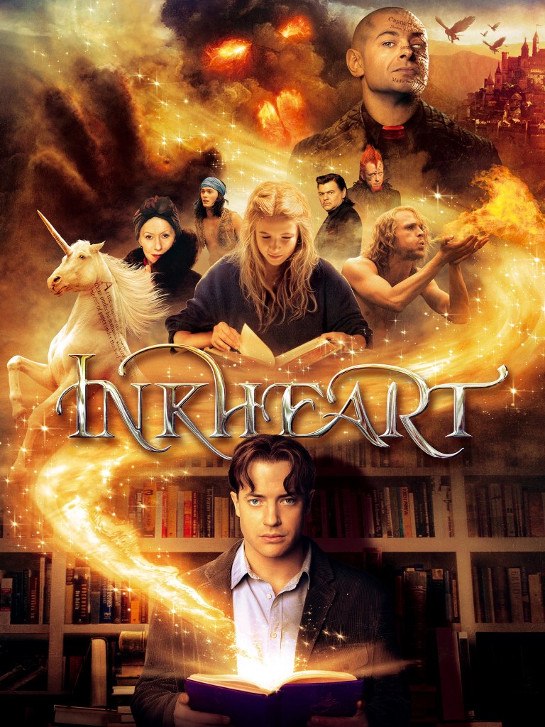 The film poster showing Mo (Brendan Fraser) reading from a book. A golden glitterwave curls up from the book, and in it are a unicorn and the other main characters.
