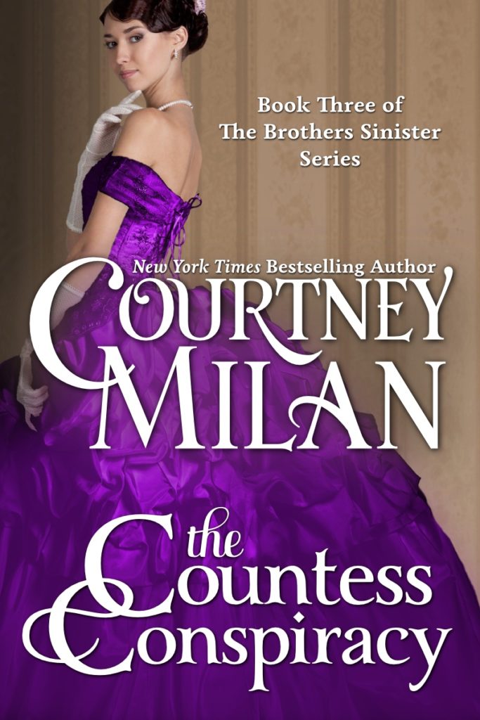 The book cover showing a white woman in a purple ball gown and white gloves.