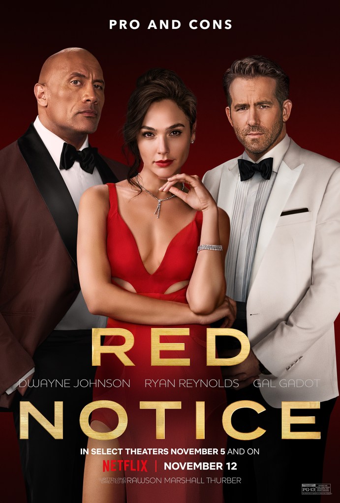 The film poster showing Hartley (Dwayne Johnson), The Bishop (Gal Gadot) and Booth (Ryan Reynolds) in evening wear.