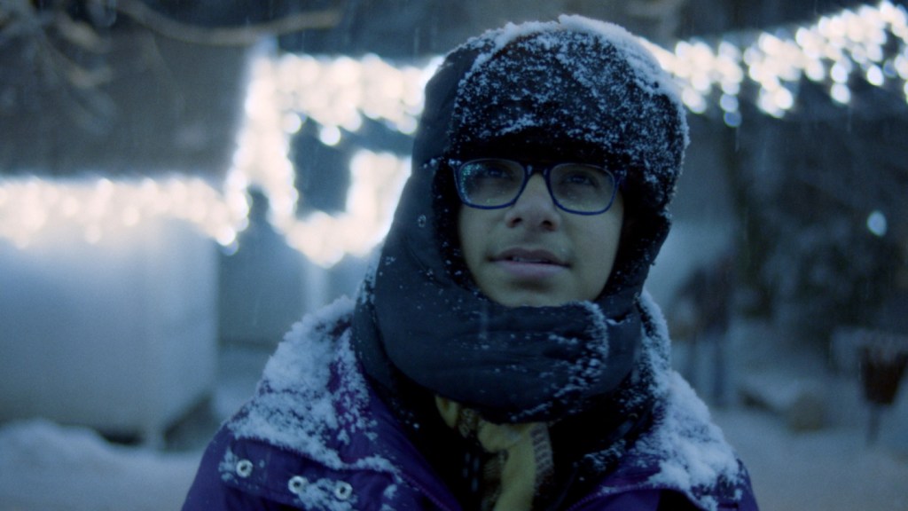 A teenage boy in the snow, looking up hopefully.