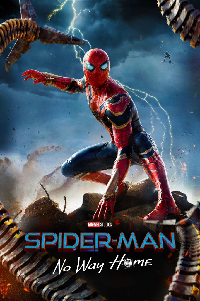 The film poster showing Spider-Man (Tom Holland) on a pile of rubble, surrounded by metal tentacles and the Green Goblin in the distance behind him.