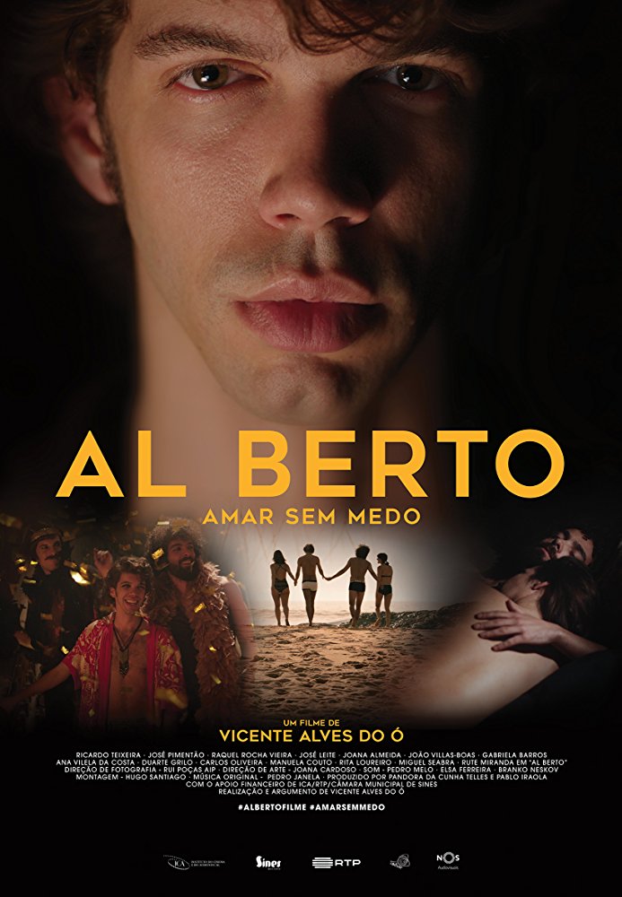 The film poster showing a large close-up of Al Berto (Ricardo Teixeira). Below that we see him partying with João Maria (José Pimentão), at the beach with friends and João Maria holding Sara (Raquel Rocha Vieira) naked.